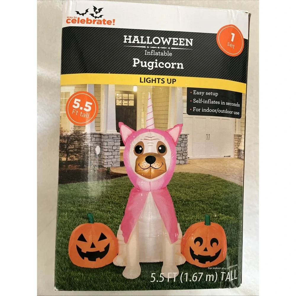Pugicorn Halloween 5 1/2 Foot Tall Light Up Inflatable Yard Decoration NWOT